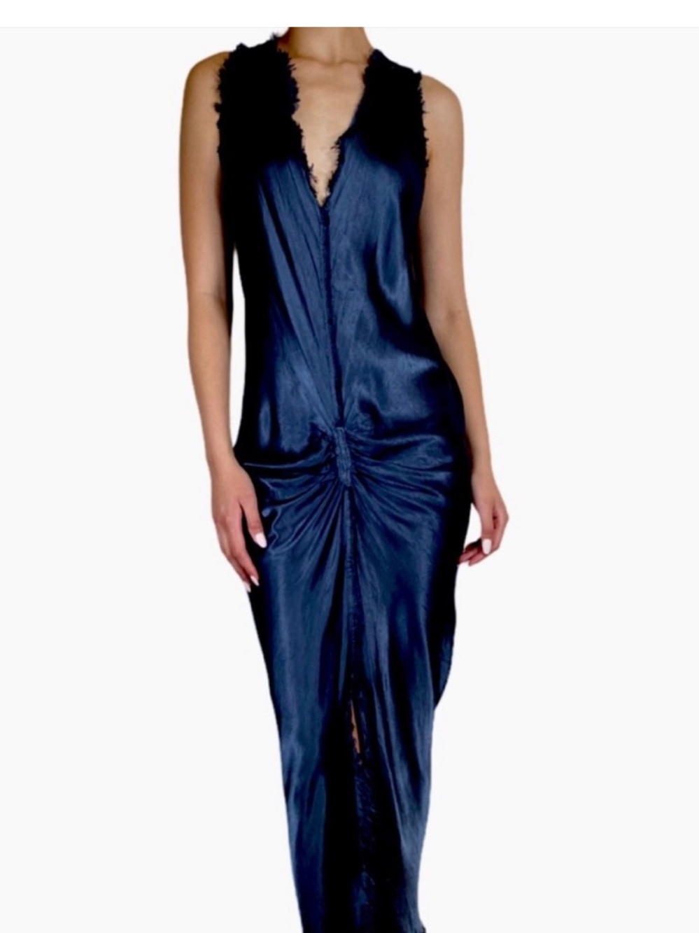 JAGA Murano Navy Rayon Ruched Raw Edge Maxi Dress Size 2